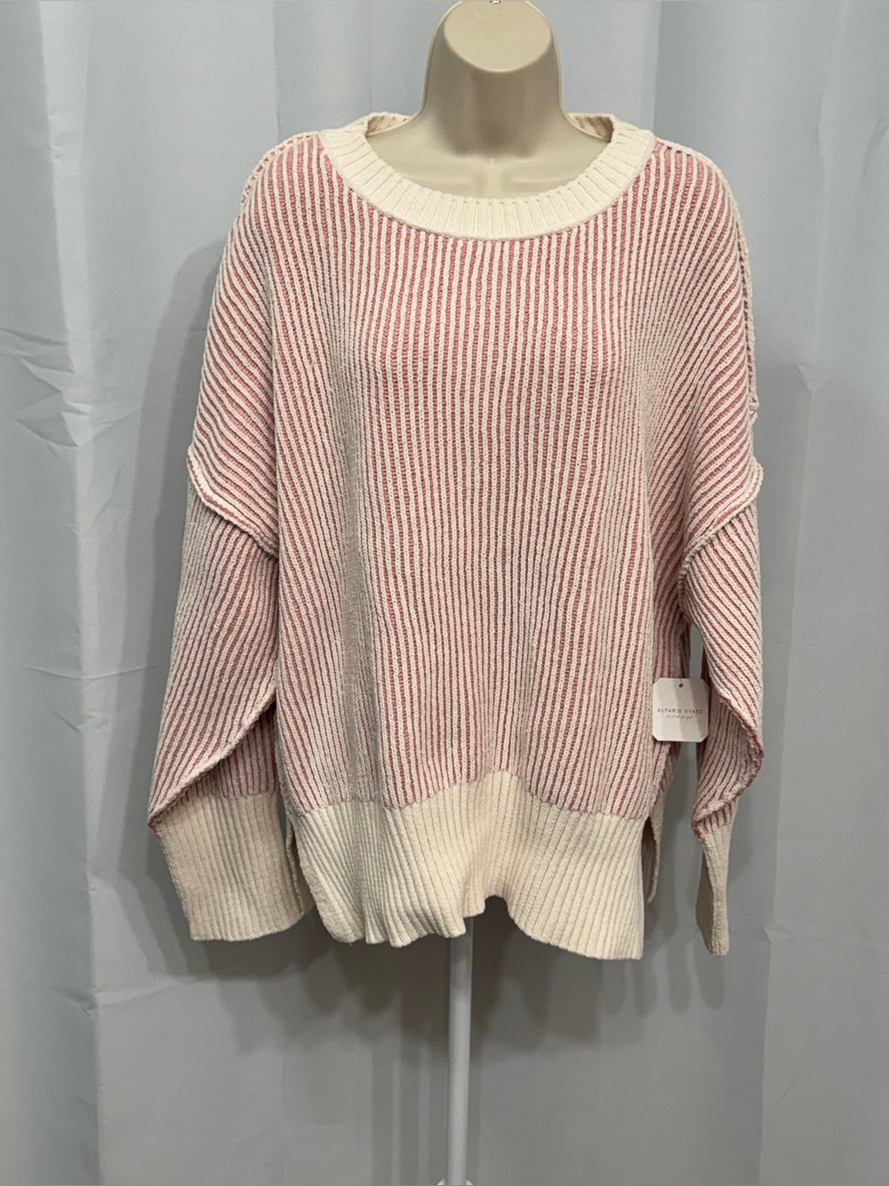 Altar’d State Women’s Ivory & Pink Striped Long Sleeve Soft Oversized Sweater XL